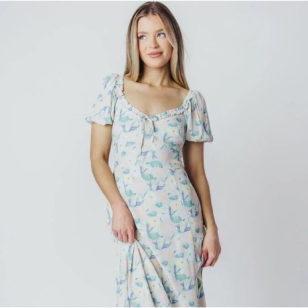 Astr Floral Madeline Puffed Sleeve Midi Dress Size L
